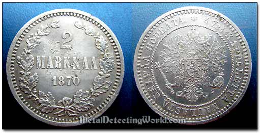 1870 2 Markkaa Dentilated Border Tsar Alexander II