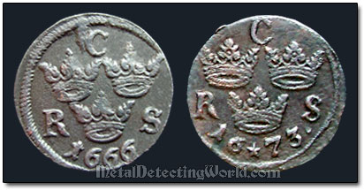 Reverse Designs of Swedish 1/6 Ore Coins