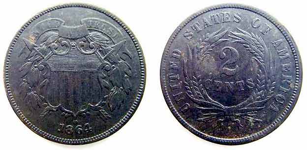 1864 2 Cent Piece In EF-40 Condition