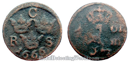 Sweden 1666 1/6 Ore Copper Coin After Cleaning and Patination