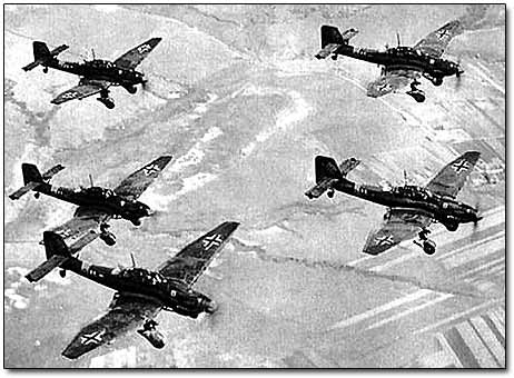 German JU-87 Stuka Assault Plane Formation. The war at sea was mainly the 